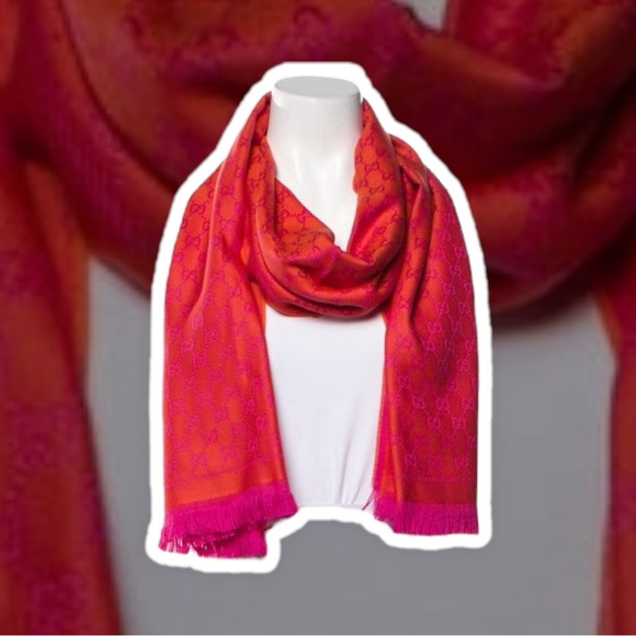 NWT Gucci Orange x Pink Jacquard GG Monogram Logo Wool Scarf - Picture 3 of 5